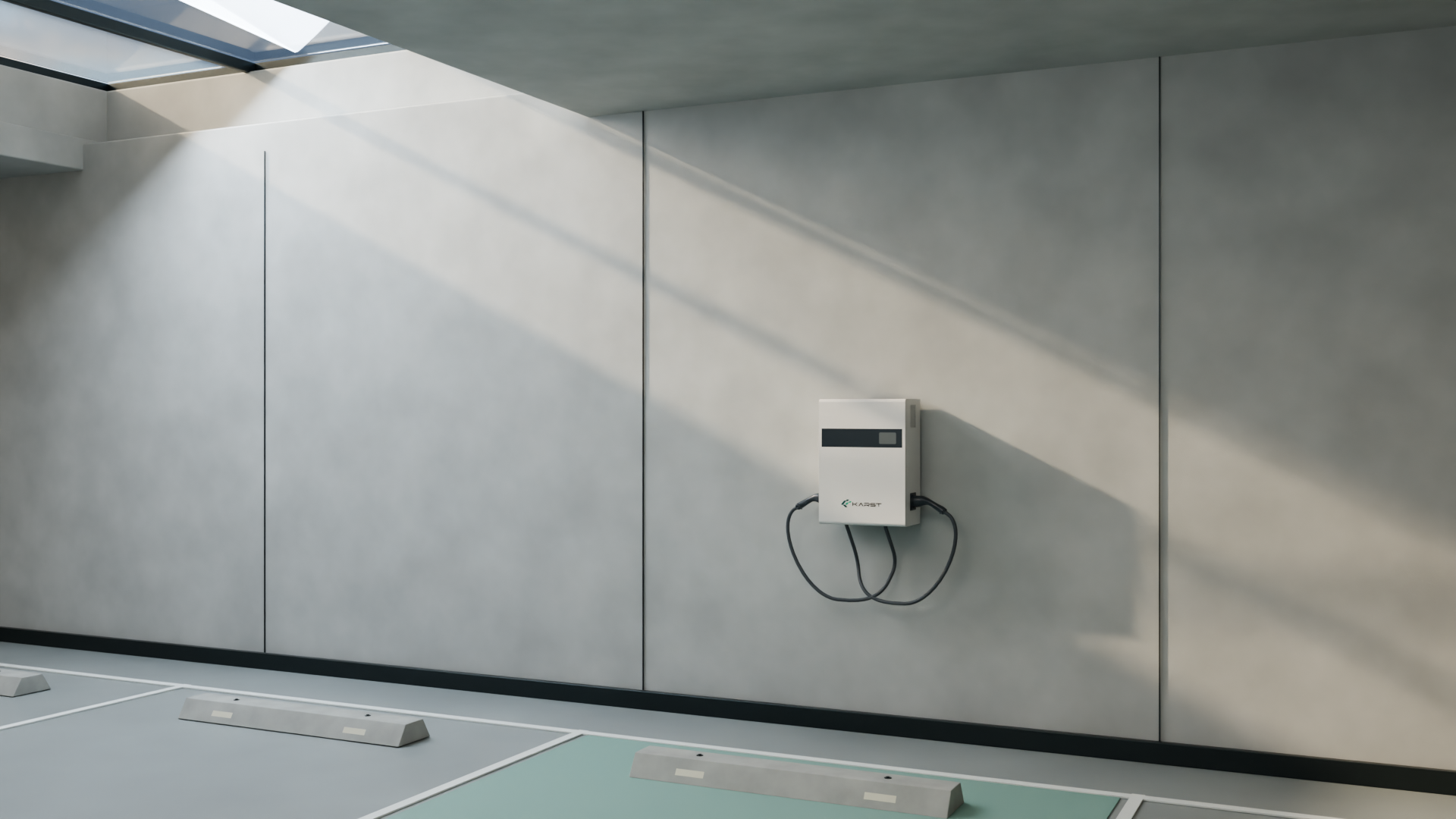 KARST 60 kW wall-mounted DC charger in an underground parking bay